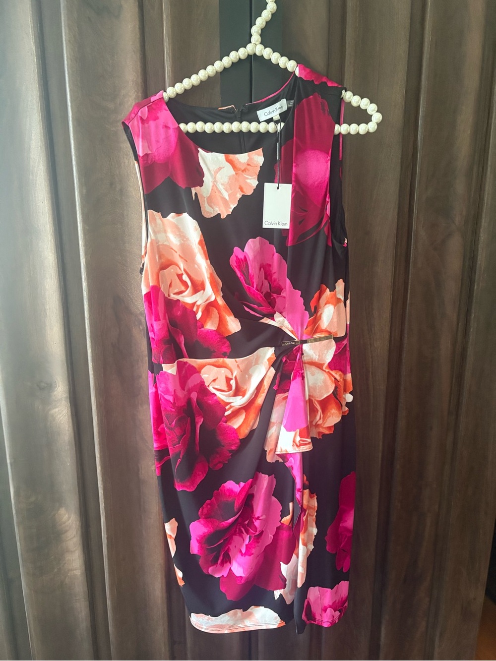 Calvin Klein Black Midi Dress with Fuchsia and Coral Floral Print